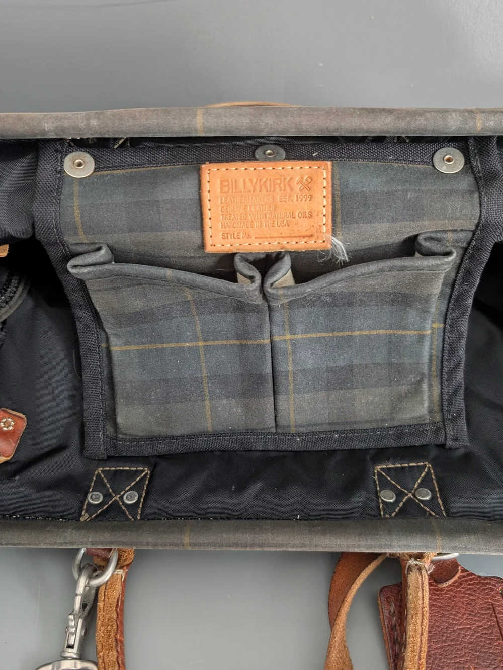 Billy Kirk Leather-Trim Brown, Black And Forest Plaid Men’s Travel Duffel